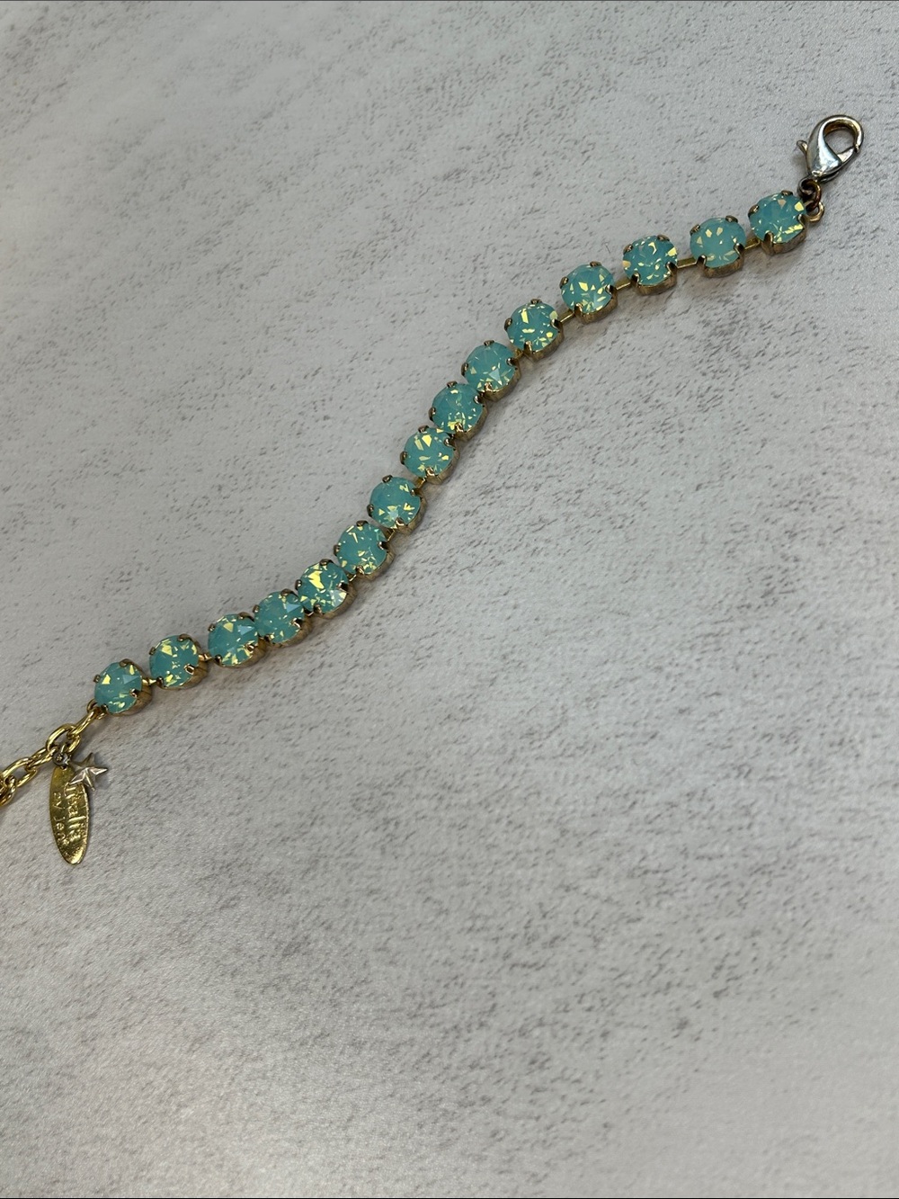 Gold Tennis Bracelet with Aqua Green Opal Crystals *See details on condition - Picture 6 of 9